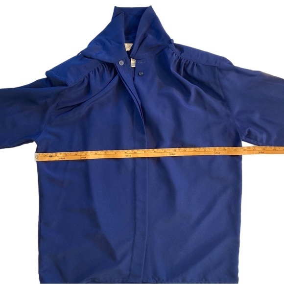 90s corporate style Royal blue blouse with wrap collar and ruched shoulder seams - Picture 2 of 4